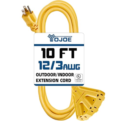 YOJOE 3-Outlet Indoor/Outdoor Extension Cord, 10 FT Yellow, 12 Gauge, 15A, 1875W, 3 Prong Grounded Plug, SJTW, UL Listed - color: Yellow, size: 10 Foot