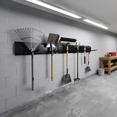 Garage Tool Organizer Wall Mount 80 Inch, Heavy Duty Tool Rack with 5 Racks & 10 Adjustable Hooks, Wall Mounted Garden Tool Storage for Garage, Shed, Holds Shovels, Brooms & Power Tools - size: 10 Hooks