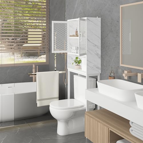 Launica Over The Toilet Storage Cabinet, Bathroom Organizer Over Toilet, Wood Metal Industrial Bathrooms Space Saver Shelf, Freestanding Bathroom Cabinet Above Toilet with Rack, White Marble - color: White Marble