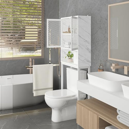 Launica Over The Toilet Storage Cabinet, Bathroom Organizer Over Toilet, Wood Metal Industrial Bathrooms Space Saver Shelf, Freestanding Bathroom Cabinet Above Toilet with Rack, White Marble - color: White Marble
