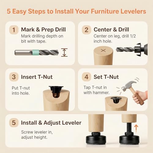 4 Pack Adjustable Furniture Feet Table Levelers with T-Nuts and Felt Pads 3/8" Thread Adjustable Furniture Leveling Feet Heavy Duty Leg Risers Chair Leg Extenders for Height Table Chair Cabinet Desk