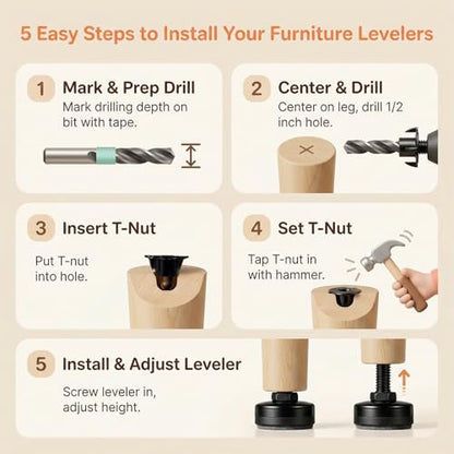 4 Pack Adjustable Furniture Feet Table Levelers with T-Nuts and Felt Pads 3/8" Thread Adjustable Furniture Leveling Feet Heavy Duty Leg Risers Chair Leg Extenders for Height Table Chair Cabinet Desk