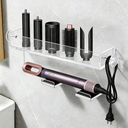 Hair Dryer Holder Wall Mounted, Acrylic Hair Tool Organizer with Curling Iron Holder – Compatible with Dyson Airwrap, Wall Mount Storage for Airwrap Styler, Attachments & Hair Iron Straightener