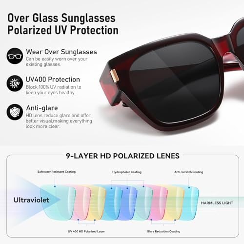 HAOLOTA Polarized Fit Over Glasses Sunglasses for Women Men Trendy Square Wrap Around Shades UV Protection - color: L Size 05 Wine Red/Grey