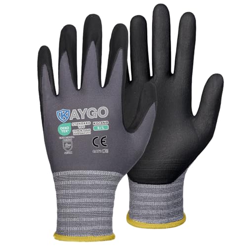 KAYGO Safety Work Gloves MicroFoam Nitrile Coated, 3 Pairs KG18NB,Seamless Knit Nylon Glove for Men and Women, Ideal for Automotive,Warehouse,Construction (Large,Gray) - color: Gray, size: Large