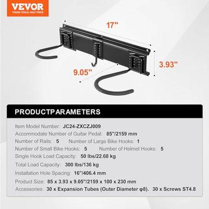VEVOR Bike Storage Rack, 6 Bike Racks and 5 Helmets Hooks, Wall Mount Bike Storage Hanger, Home & Garage Organizer, Customizable for Various Bike Sizes, Adjustable Holder, Holds Up to 300 lbs, 85-inch - size: 85 Inch