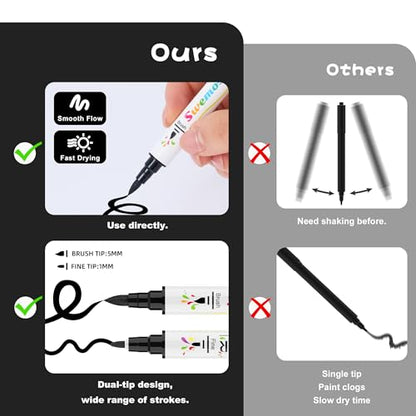 Swemos 2PCS Black Acrylic Paint Pens Markers, Dual Tip with Fine Tip and Brush Tip Pens Acrylic Paint Markers Waterproof Acrylic Markers Set for Rock, Canvas Stone, Wood, Glass, Metal (BLACK, 2) - style: BLACK