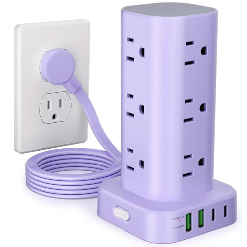 Power Strip Tower with Multiple Outlets, Flat Plug Surge Protector Tower Extension Cord with 12 AC Outlets 4 USB Ports (2 USB C), 6FT Cord Power Tower Surge Protector for Home Office Dorm Room, Purple - color: Purple, size: 6FT without Wireless Charging