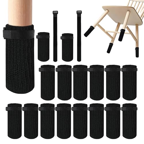16 PCS Furniture Leg Socks with Hook-and-Loop Fastener - Black Knit Chair Leg Floor Protectors for Hardwood Floors - High-Elasticity Furniture Socks with Fasteners Stays in Place Well - size: 16 Pcs Black With Fasteners