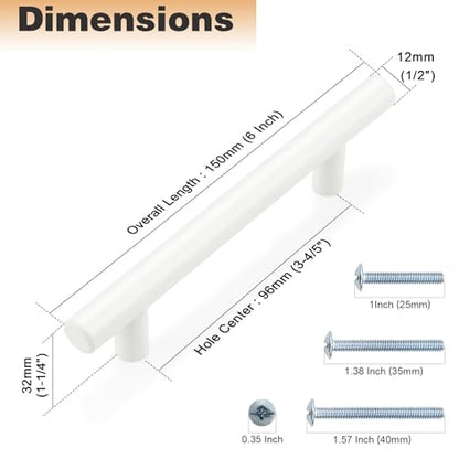 Probrico (5 Pack White Cabinet Pulls 3-3/4 Inch T Bar Euro Style Handles Kitchen Cupboard Stainless Steel Modern Cabinet Hardware - color: White, size: hole center 3-3/4"