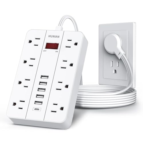 Power Strip with USB, Flat Plug Extension Cord Surge Protector 5 Ft, HUNIAN Power Strip with 8 Widely Spaced Outlets 6 USB Charger (1 USB C Port), Desk Charging Station for Home Office, White - color: White, size: 5FT