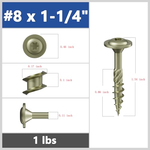Wensilon (1 lbs)#8 x 1-1/4" Yellow Lag Screws, Structural Wood Screw, Heavy Duty Construction Screw, Rust Resistant, Washer Head, Black Coated Exterior Wood Screws, Star Drive with Bit - color: Yellow, size: #8 x 1-1/4"