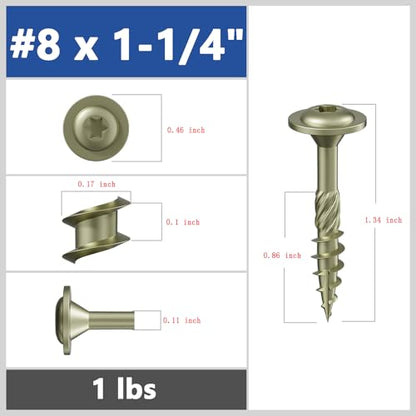 Wensilon (1 lbs)#8 x 1-1/4" Yellow Lag Screws, Structural Wood Screw, Heavy Duty Construction Screw, Rust Resistant, Washer Head, Black Coated Exterior Wood Screws, Star Drive with Bit - color: Yellow, size: #8 x 1-1/4"