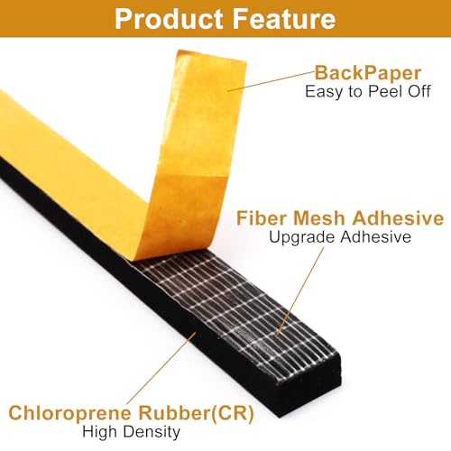 Weather Stripping Door Seal Strip, Strong Adhesive, Cold Insulation, Weatherproof, High Density Foam Insulation Tape for Doors, Windows, Sliding Door, Black (1/2 in x 3/8 in x 13 Ft)