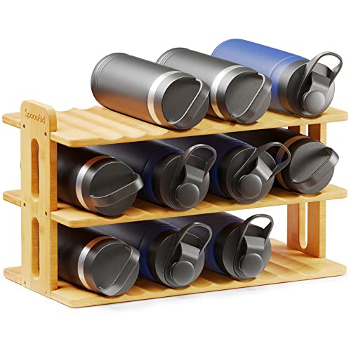 SpaceAid Bamboo Water Bottle Organizer with Labels, Kitchen Pantry Water Bottle Storage Rack for Cabinets, Home Cup and Wine Bottle Holder Shelf Organizers, (3-Tier, Hold 12 Bottles) - size: 3-Tier, 12 Bottles
