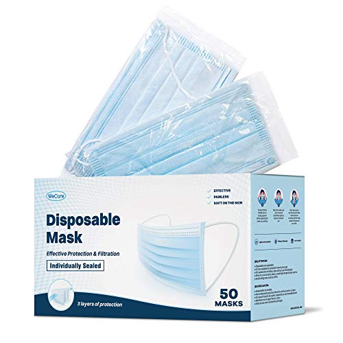 WECARE Disposable Face Mask Individually Wrapped - 50 Pack, Printed Masks - 3 Ply - color: Blue
