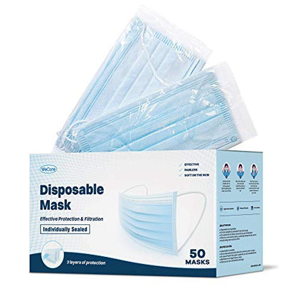 WECARE Disposable Face Mask Individually Wrapped - 50 Pack, Printed Masks - 3 Ply - color: Blue
