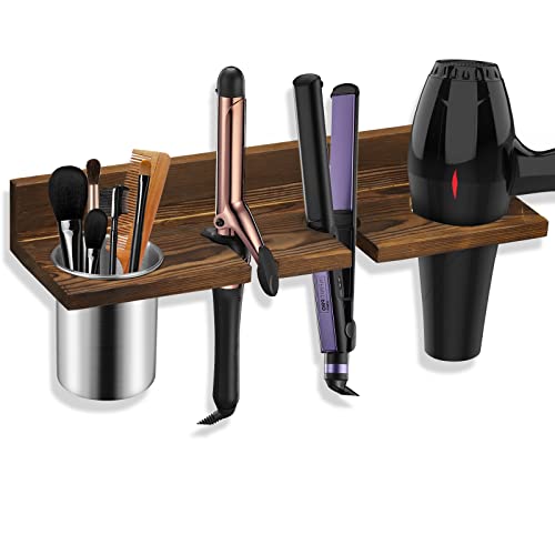 Hair Tool Organizer Wall Mounted - Wooden Dryer Holder, Blow Dryer Holder for Bathroom, Rustic Styling Tools Organizer for Flat Iron, Curling Wand, Hair Straighteners, Brushes, Brown - color: Brown