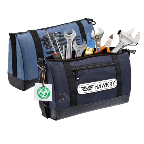 HAWKRY Heavy Duty Canvas Tool Bag Set of 2 – Waterproof Canvas Zipper Pouch, Garden Tool Bag, Construction Bags Heavy Duty, Small Zipper Pouch, Motorcycle Tool, Multipurpose Fishing Bag - color: Blue, White Blue