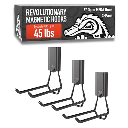 GATOR MAGNETICS MEGA 6 in Open Hooks, 45 lb Heavy Duty Magnetic Hooks for Steel Surfaces, Patented Easy-Release, Non-Slip Grip – Storage & Organization, Garage, Home Tools & Gear Storage – 3 Pack - size: 6 Inch, style: Open