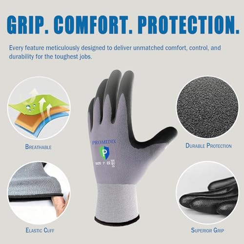 PROMEDIX P Nitrile Coated Work Gloves,MicroFoam Safety Work Gloves Men,Seamless Knit Nylon&spandex Gloves with Grip - color: 3 Pairs