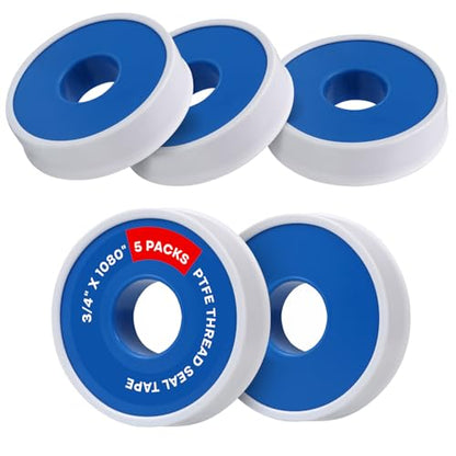 Supply Giant Plumbers PTFE Tape 3/4" W x 1080" L 5 Rolls Pipe Thread Tape, High Density Thread Sealant Tape Water Seal Plumbing Tape for Shower Head, Pipes, Gas Lines, Leak Prevention - size: 1080", style: Pack of 5
