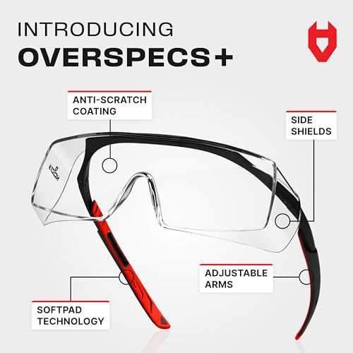 NoCry Safety Glasses Over Eyeglasses for Men and Women with Anti Scratch Lenses and Integrated Side Shields — Adjustable Temples with Anti-Slip Tips — 100% UV Protective Eyewear — ANSI Z87 (10-pack) - color: Black & Red (10 Pack)
