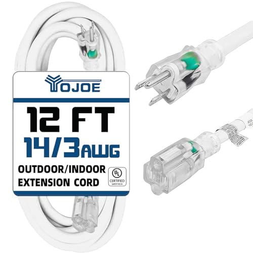YOJOE Indoor Outdoor Extension Cord with Lighted End, 3 Prong 15A Weatherproof Power Cord, 14 Gauge Heavy Duty 12 ft White Extension Cord for Garage, Garden and Home, 14/3 SJTW UL Listed - color: White, size: 12 Foot