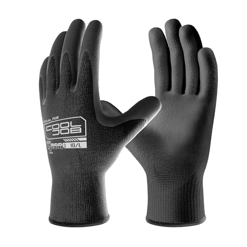 COOLJOB 12/60 Pairs Safety Work Gloves Pack Bulk with Grip PU Coating, 13 Gauge Seamless Knit Gloves with Polyurethane Dipped for Warehouse Working, Breathable Lightweight for Men Women, Black Large - color: Black, size: Large (Pack of 12)