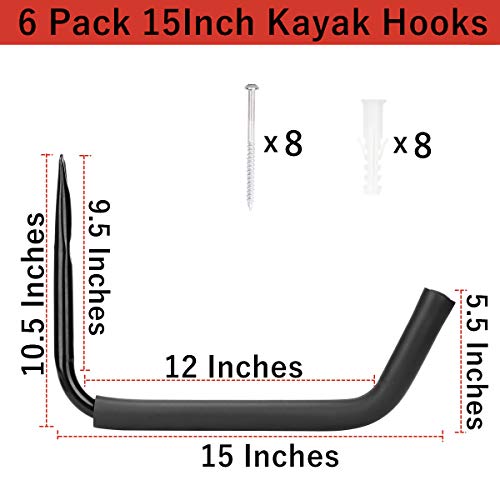 Garage Storage Heavy Duty Hooks, 15Inch Jumbo Arm Kayak Rack, 6 Pack Wall Mount Canoe Hangers