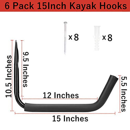 Garage Storage Heavy Duty Hooks, 15Inch Jumbo Arm Kayak Rack, 6 Pack Wall Mount Canoe Hangers
