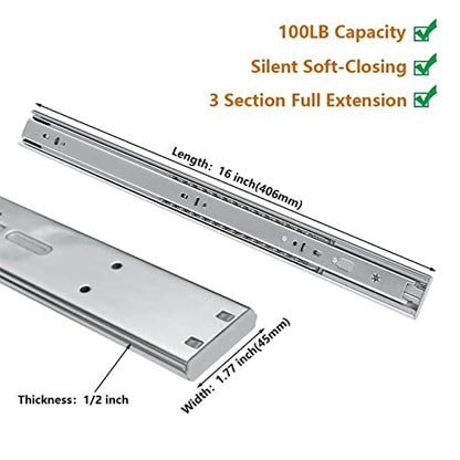 LONTAN 16 Inch Soft Close Drawer Slides 1 Pair Side Mount Heavy Duty Cabinet Drawer Glides Ball Bearing Full Extension Kitchen Cabinet Rails 100 LB Capacity - color: Silver-Soft Close, size: 16 Inch - Drawer Slide