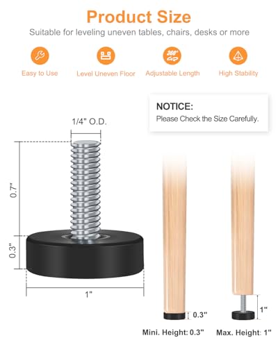 12 PCS Leveling Feet, 1/4-Inch 20-UNC Adjustable Leveler, Fits Small DIY Projects, Stable Furniture Leveling for Uneven Floors, Elegant Threaded Levelers Screw in