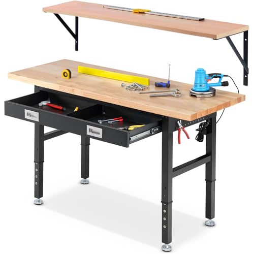 ENJOYWOOD 60" x 22" Heavy Duty Workbench Adjustable Height Garage Work Table with Solid Rubberwood Top, Drawer & Power Outlets for Workshop, Home & Office - size: X-Large