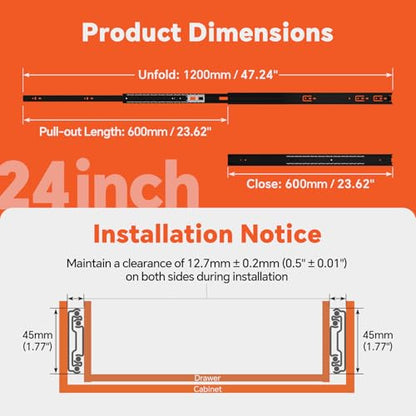 ToBeGreat 1 Pair Side Mount Drawer Slides Rails 24 Inch 100 LB Load Capacity, Full Extension Ball Bearing Metal Replacement Dresser Runners Cabinet Trash Can Slider Kitchen Glides (Black,609.6mm) - color: Black-1 pair, size: 24 Inch