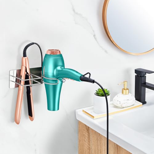 Hair Dryer and Straightener Holder Wall Mounted, Self Adhesive Blow Dryer and Flat Iron Storage Hair Tool Organizer for Bathroom Vanity (Silver) - color: Silver