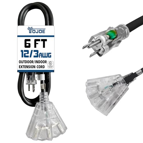 YOJOE 3-Outlets Indoor Outdoor Extension Cord with Lighted End, 3 Prong 15A Weatherproof Power Cord, 12 Gauge Heavy Duty 6 ft Black Extension Cord Multiple Outlets, 12/3 SJTW UL Listed - color: Black, size: 6 Foot