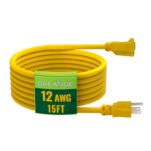15 Ft Outdoor Extension Cord - 12/3 SJTW Heavy Duty Yellow Extension Cable with 3 Prong Grounded Plug - Power Cord for Lawn, Garden, Appliances - color: Yellow, size: 15 FT