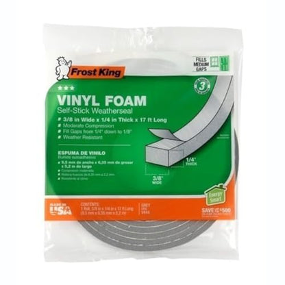 Frost King Vinyl Foam Tape - Closed Cell - Moderate Compression, 1/4" W, 1/8" Thick, 17' L, Grey - V442H - size: 1