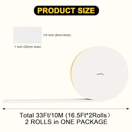 Weather Stripping, 1 in x 1/4 in x 33Ft White,Strong Adhesive Window Foam Insulation Tape, Tool-Free for Multi-Room Wide Medium Gap Sealing - color: White, size: 1 In x 1/4 In x 33Ft