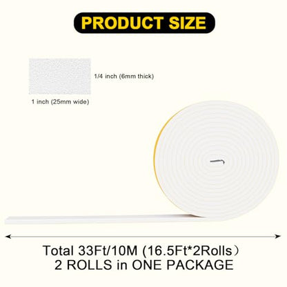 Weather Stripping, 1 in x 1/4 in x 33Ft White,Strong Adhesive Window Foam Insulation Tape, Tool-Free for Multi-Room Wide Medium Gap Sealing - color: White, size: 1 In x 1/4 In x 33Ft