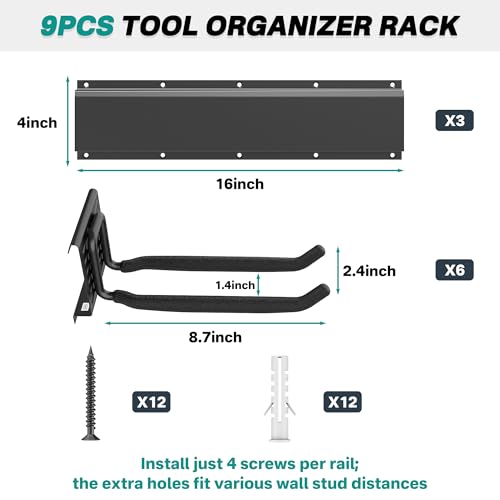 EVERHANGER Garage Tool Storage Organizer, Wall Mount Garden Tool Rack Organization, Heavy Duty Folding Chair Hangers with 6 Adjustable Hooks, Max Load 450lb, 48inch - size: 6Hooks