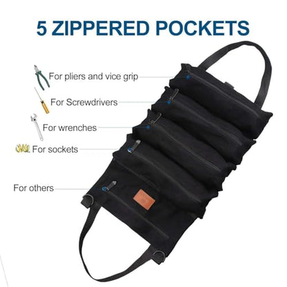 Roll Up Tool Bag, 16OZ Canvas Wrench Roll Up Pouch Multi-Purpose Tool Roll Organize, 5 Zippered Tool Pockets (Black) - color: Black, size: 5 Zipper Pockets