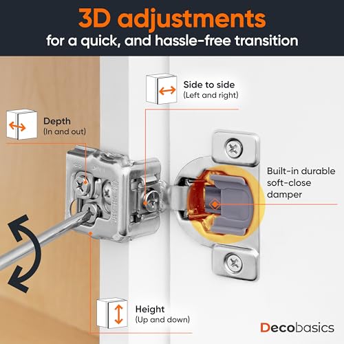 Decobasics 4 Pack Soft Close Cabinet Hinges 1-1/2" Overlay for Kitchen Cabinet Doors, Slow Self-Closing Concealed Hidden Hinges for Face Frame –Stainless Steel, 3-Way Adjustable & Quiet Close Damper - size: 1-1/2 Inch