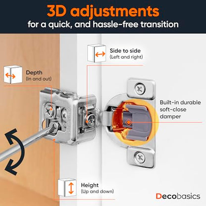 Decobasics 4 Pack Soft Close Cabinet Hinges 1-1/2" Overlay for Kitchen Cabinet Doors, Slow Self-Closing Concealed Hidden Hinges for Face Frame –Stainless Steel, 3-Way Adjustable & Quiet Close Damper - size: 1-1/2 Inch