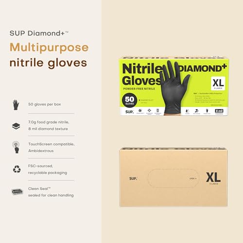 SUPER+ HEAVY DUTY Nitrile Gloves 8 Mil Diamond Texture Disposable Chemical Resistant Powder &Latex Free Food Safe Black 50 Ct - color: X-large (Iron-grey)