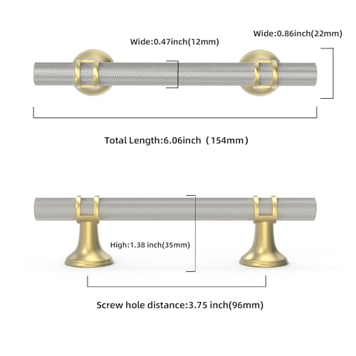 10 Pack 3-3/4 Inch Cabinet Pulls knurled Brushed Satin Nickel and Brushed Gold Kitchen Cabinet Handles Aluminum and Zinc Alloy Drawer Pulls Solid Cabinet Hardware - color: Nickel and Gold Knurled, size: 3-3/4'' Hole Center(96mm)