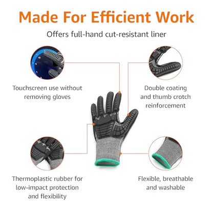 Amazon Basics Impact Protection Work Gloves, Cut Level A2, ANSI Level 4 Abrasion, Touchscreen Compatible, Sandy Nitrile Palm, Large, Black with Green Edge - size: Large