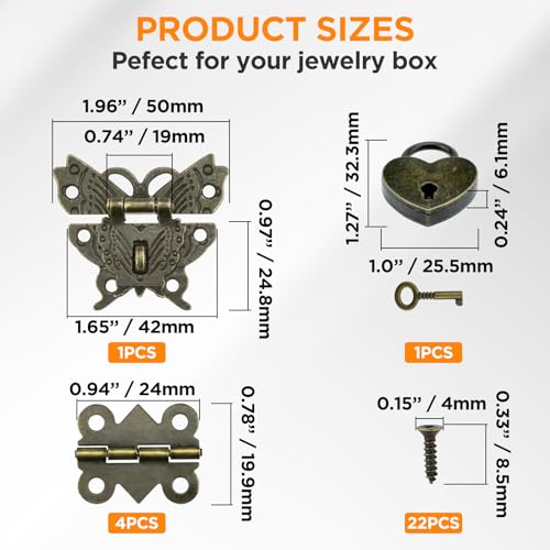 1 Set Retro Engraved Jewelry Box Hinges Hasp Catch Lock Set, Decorative Hardware Kit with Screws for DIY Wooden Case Furniture Cabinet Suitcase Decoration and Repairs (Antique Bronze)