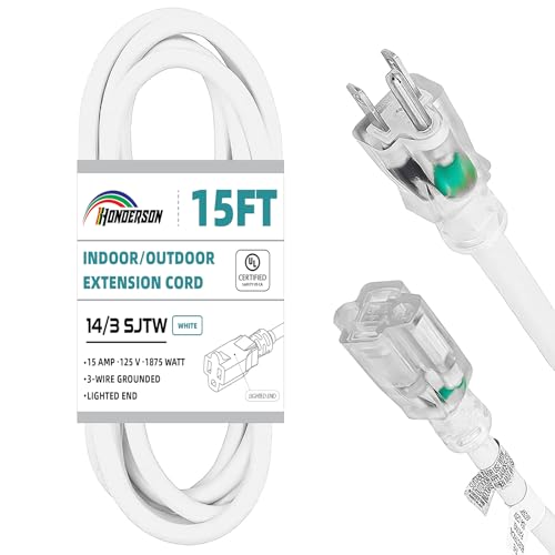 Indoor Outdoor Extension Cord Weatherproof with Lighted End, UL Certified, 14 Gauge 15FT White 3 Prong Heavy Duty, 14/3 SJTW 15A Power Cord for Outdoor Lights, Lawn - size: 15ft, style: 14/3